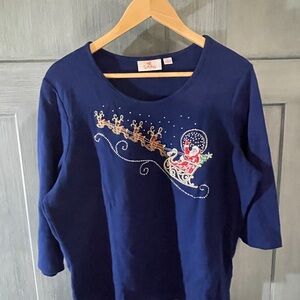 Vintage Quacker Factory Blue Knit Christmas Top Santa’s sleigh Shirt Large